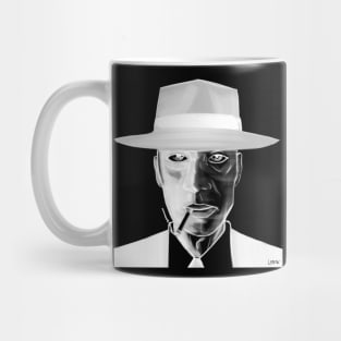 oppenheimer portrait in ecopop cartoon art  negative Mug